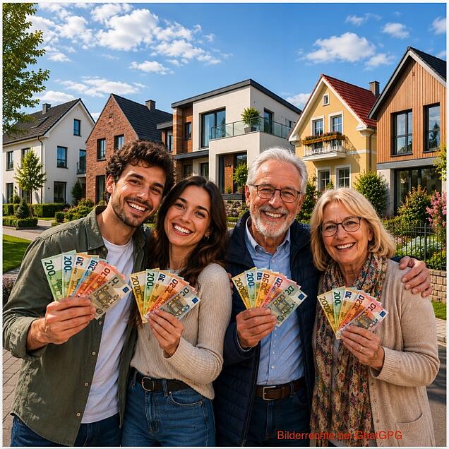 Ob jung oder alt, eine eigene Wohnung oder Haus beleihen ist bei uns in jedem Alter möglich. Glückliche Ehepaare mit Geldscheinen in der Hand